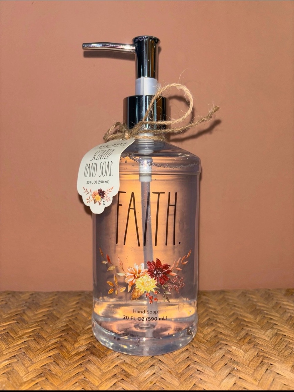 Rae Dunn plastic Faith hand soap with floral design
